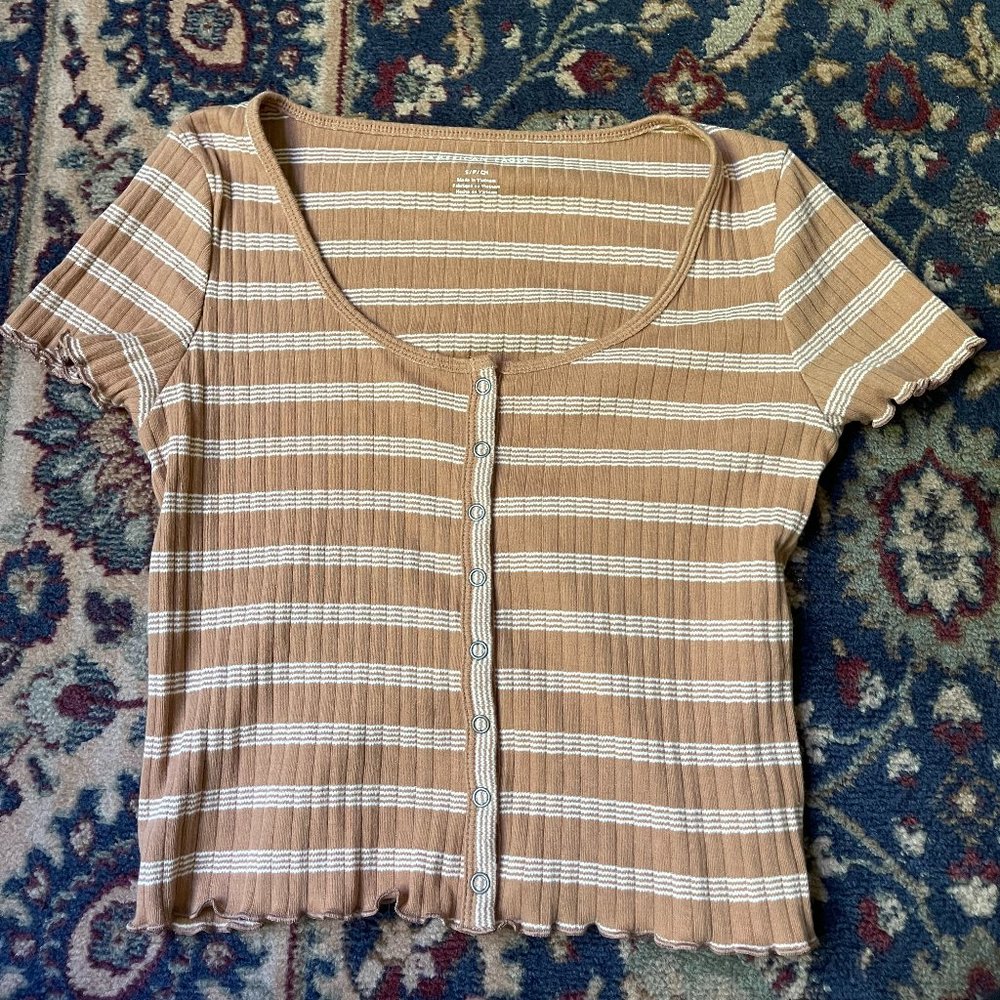 Ribbed American Eagle Striped Button-Up Crop Top